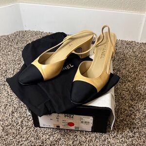 CHANEL Beige and Black Slingback Heels